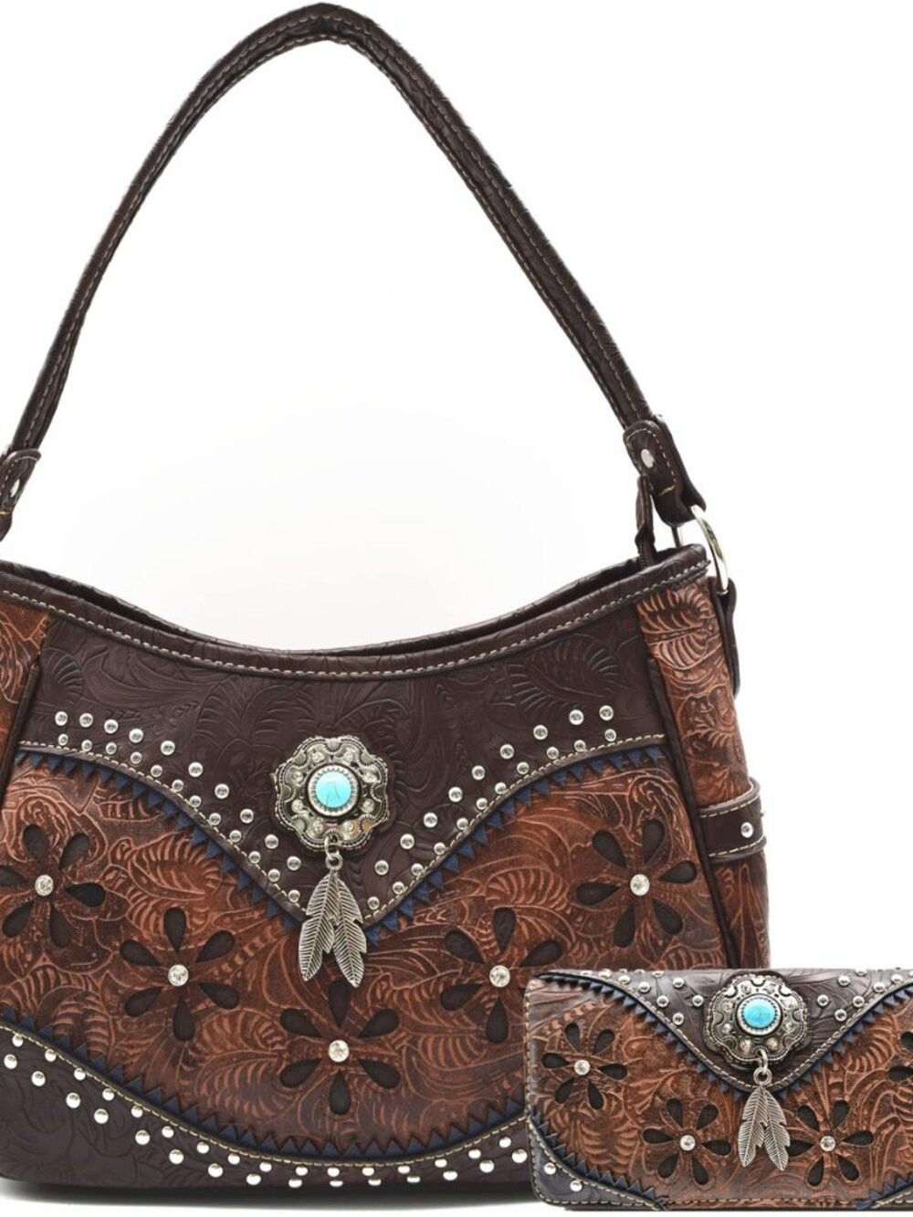 Western Shoulder Bag Country Tooled Floral Purse with Wallet Set for Women